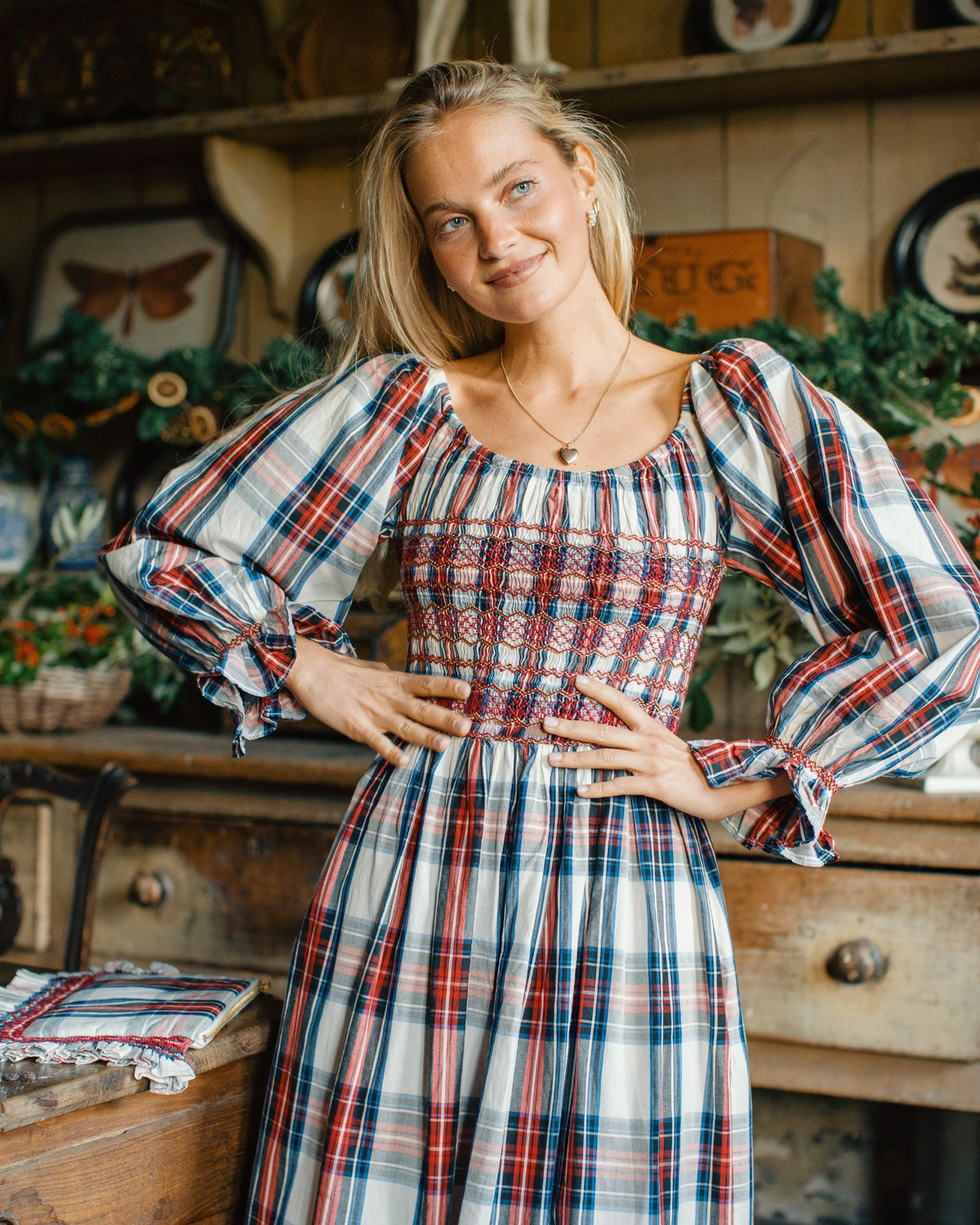 Amelia Earhart Dress Britannia Check with Winter Berry Hand Smocking