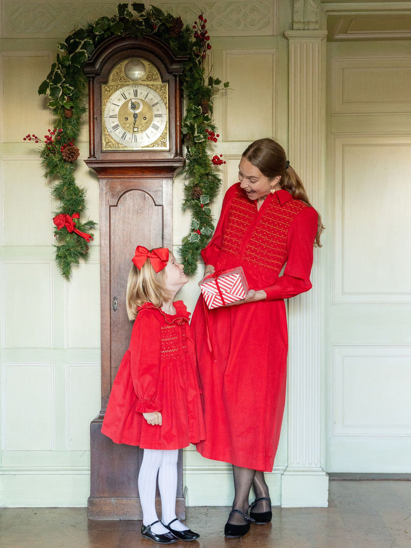 Elizabeth Blackwell Dress Crimson Needlecord with Gold Coin Hand Smocking
