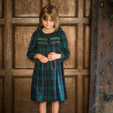 Nightingale Girls Dress Black Watch Tartan With Golden Hearts Hand Smocking