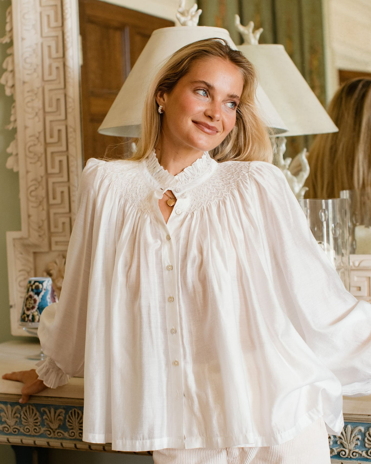 Scholl Blouse Opalite Silk Cotton with Pearl Hand Smocking Edition 71