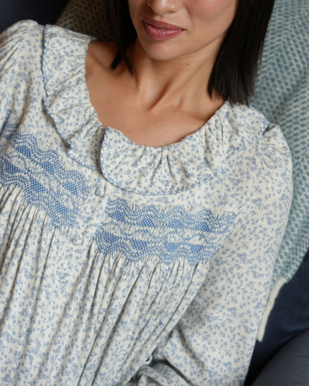 Women's Nightingale Dress Cornflower Ditsy with Bluebell Hand Smocking