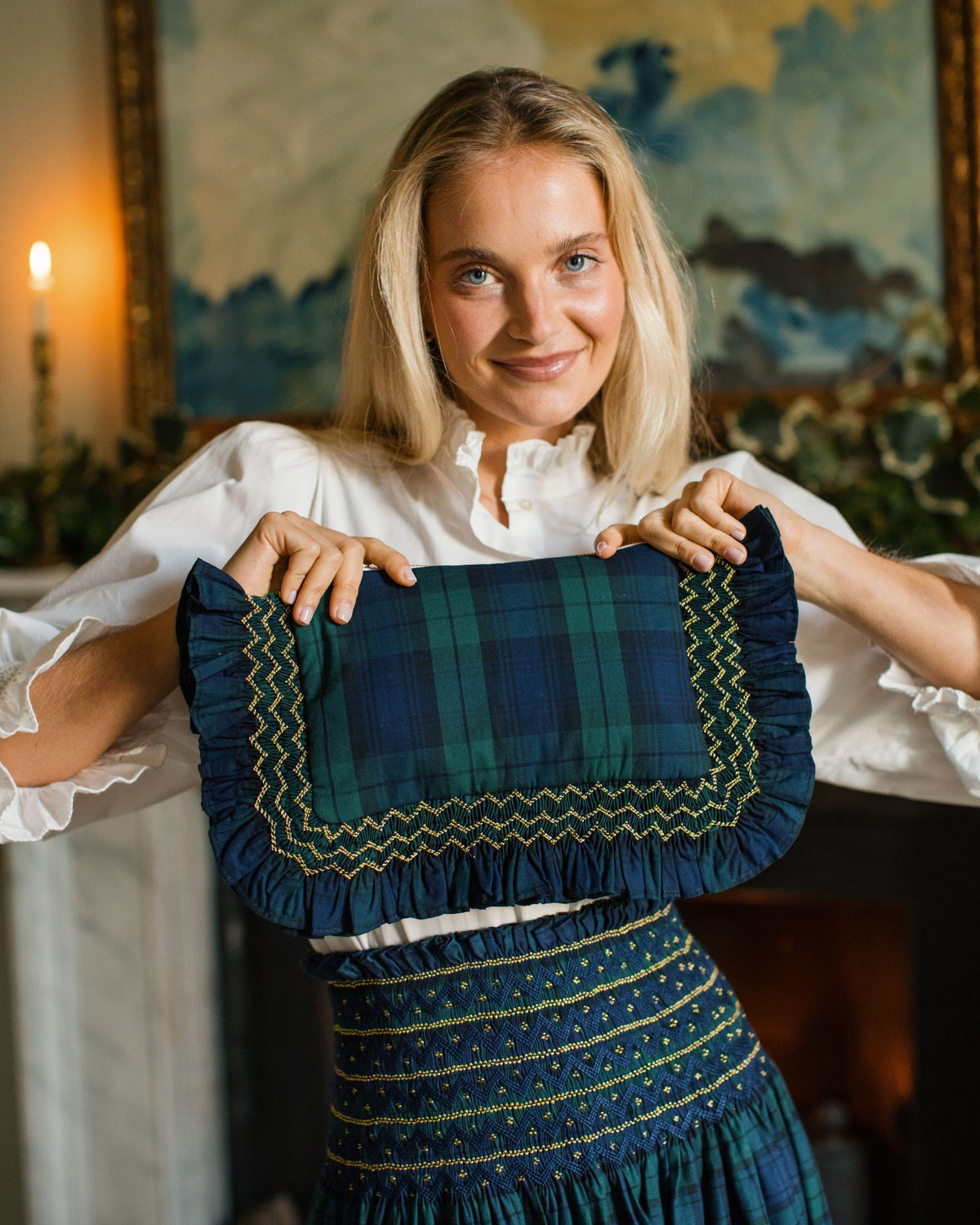 The Dolly Clutch Black Watch Tartan with Midnight Star Hand Smocking