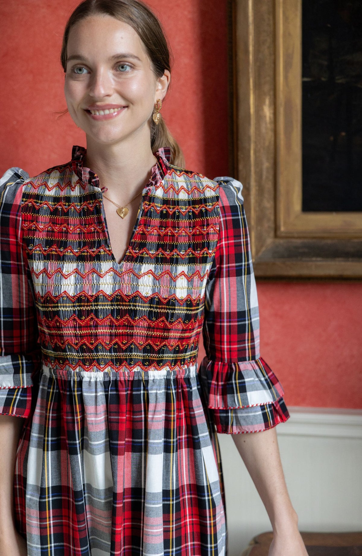 S/M Emmeline Pankhurst Women's Dress Royal Tartan with Sleigh Bell Hand Smocking