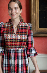 Emmeline Pankhurst Women's Dress Royal Tartan with Sleigh Bell Hand Smocking