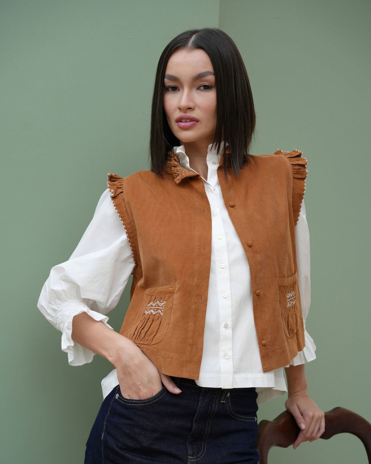 Shelley Blouse White Cotton with Ivory Hand Smocking