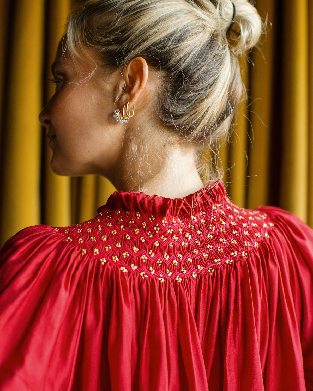 Cleopatra Blouse Red Silk Cotton with Sleigh Bell Hand Smocking Edition 35