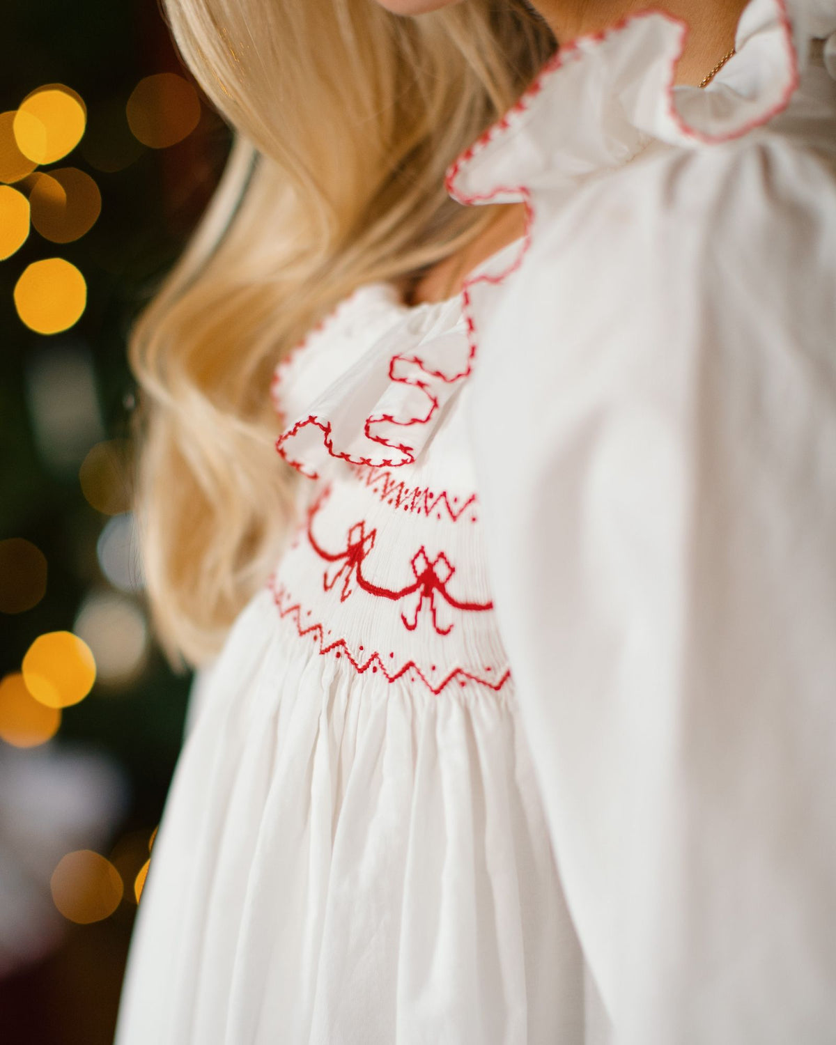 Nightingale Women's Dress Moonstone with Scarlet Bows Hand Smocking