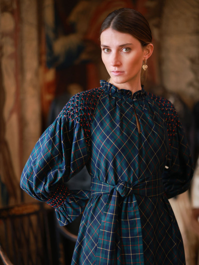 Aloha Wanderwell Dress McLaren Tartan with Cranberry Hand Smocking