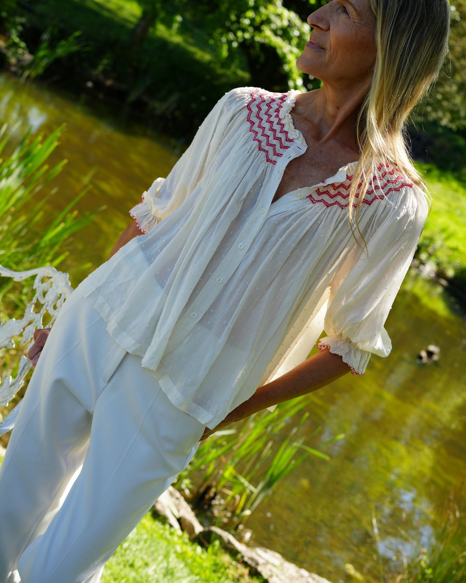 Cleopatra Blouse Cotton Puff Plumetti with Hearts on Fire Hand Smocking Edition 44