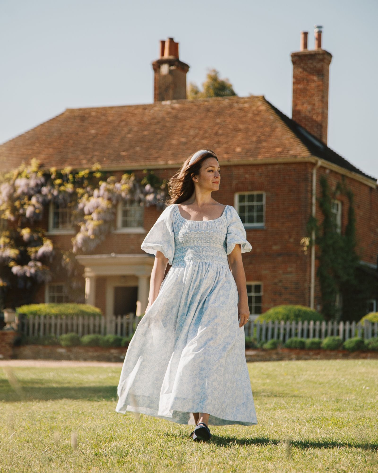 My Mulberry House x Smock London Scarlett Dress Toile des Champs with Delphinium Hand Smocking
