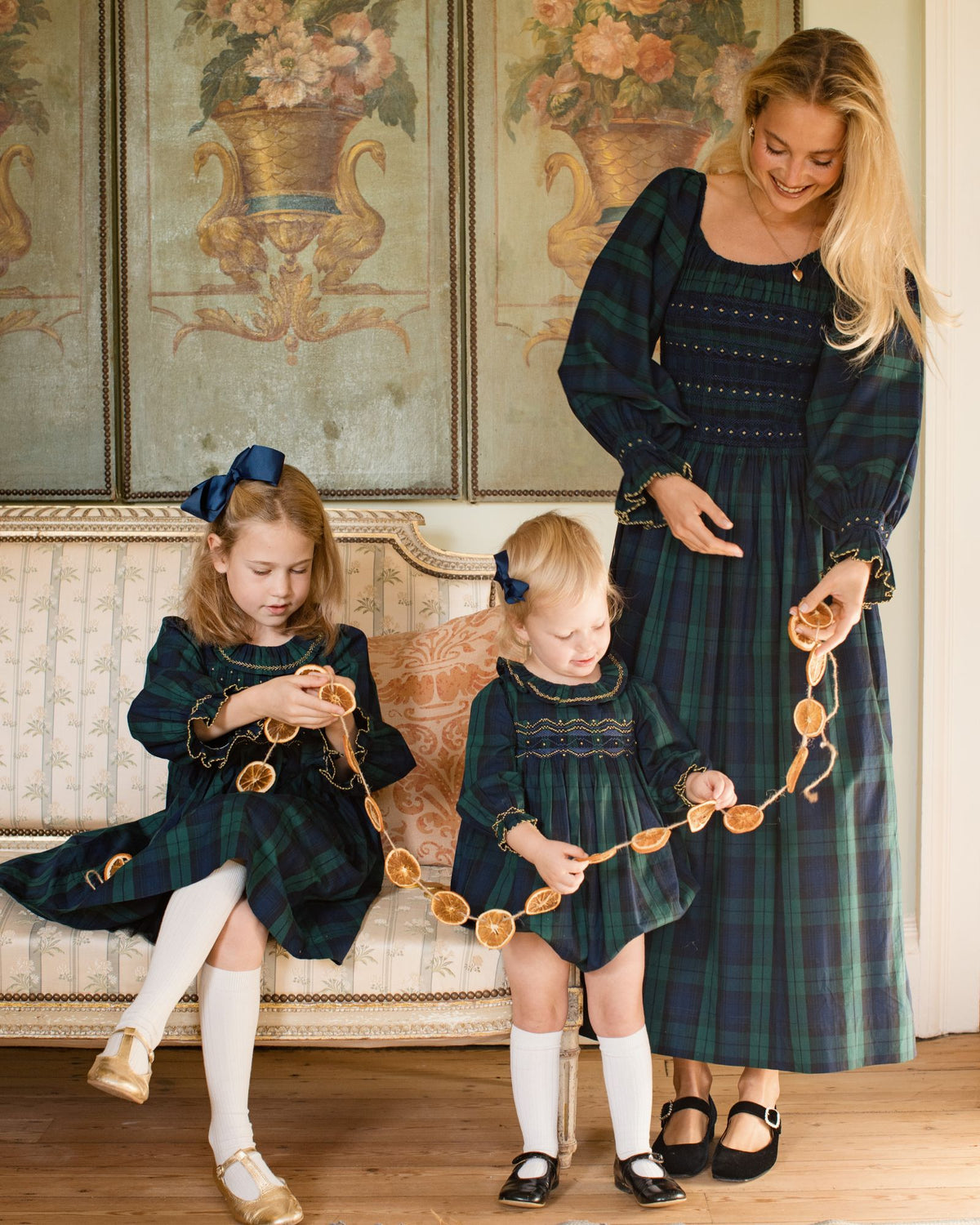 Jane Austen Romper Blackwatch Tartan with Midnight Star Hand Smocking