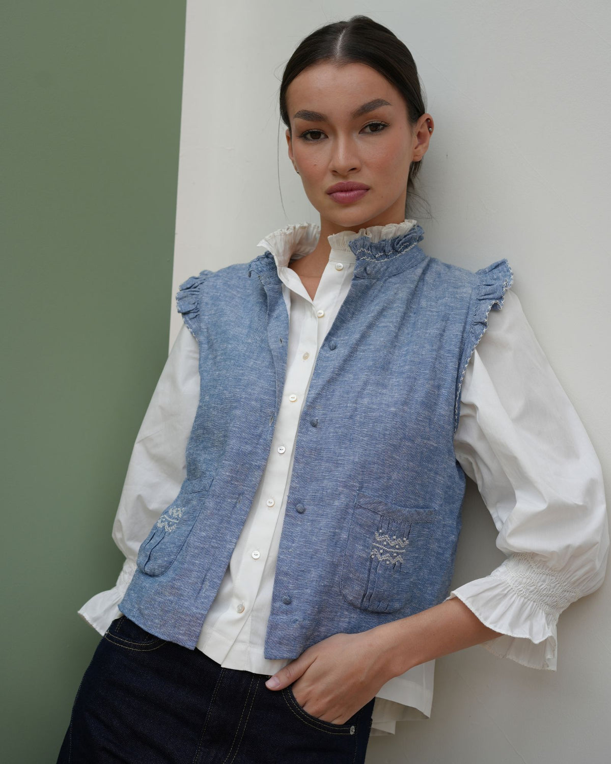 Shelley Blouse White Cotton with Ivory Hand Smocking