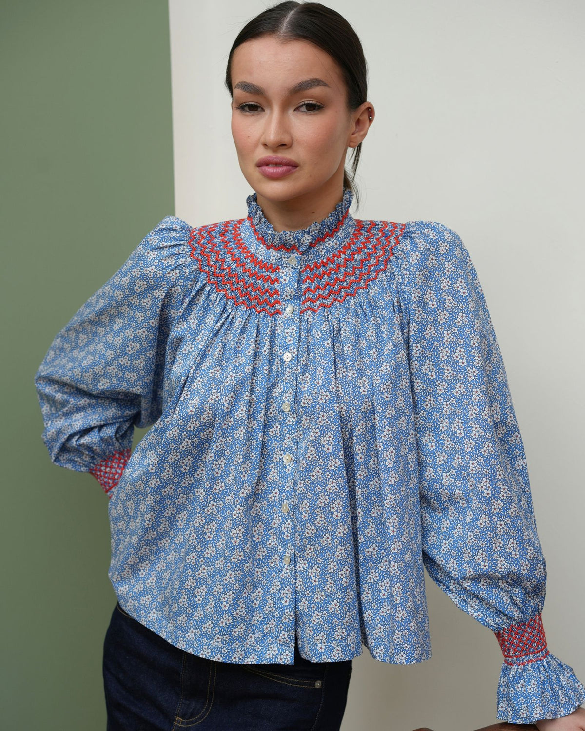 Scholl Blouse Royal Blue Daisy Cotton Lawn with Poppy Hand Smocking Edition 77