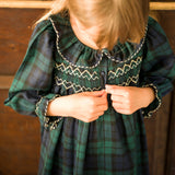 Nightingale Girls Dress Black Watch Tartan With Golden Hearts Hand Smocking