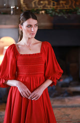 Ella Fitzgerald Women's Dress Crimson Silk-Cotton with Sleigh Bell Hand Smocking