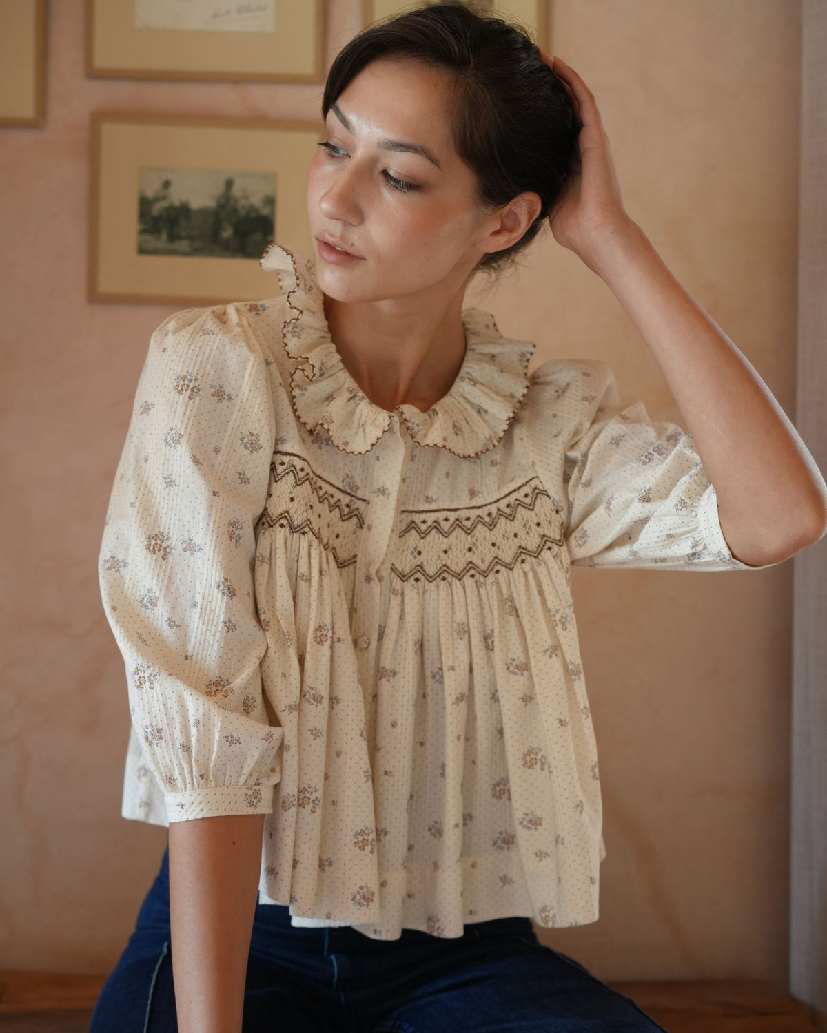 Marie Curie Blouse Tea Posie with Toffee Cream Hand Smocking