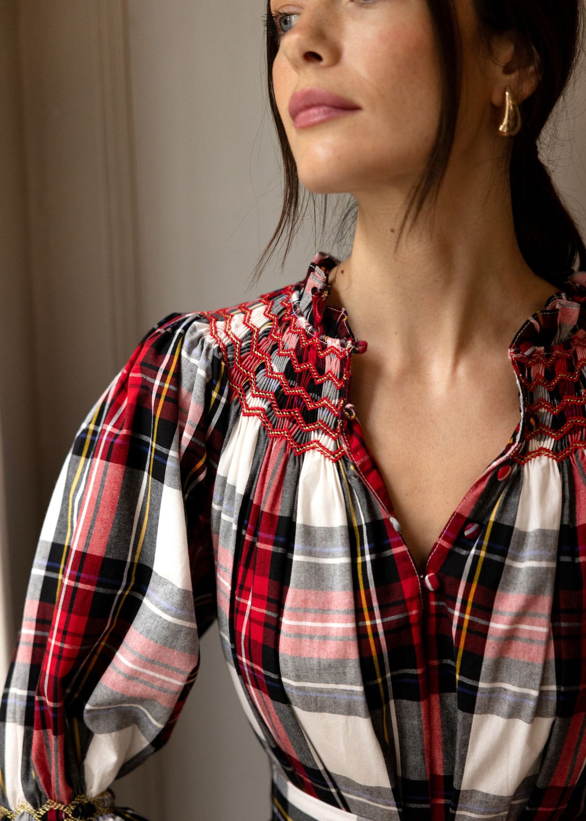 S/M Colette Dress Royal Tartan with Sleigh Bell Hand Smocking