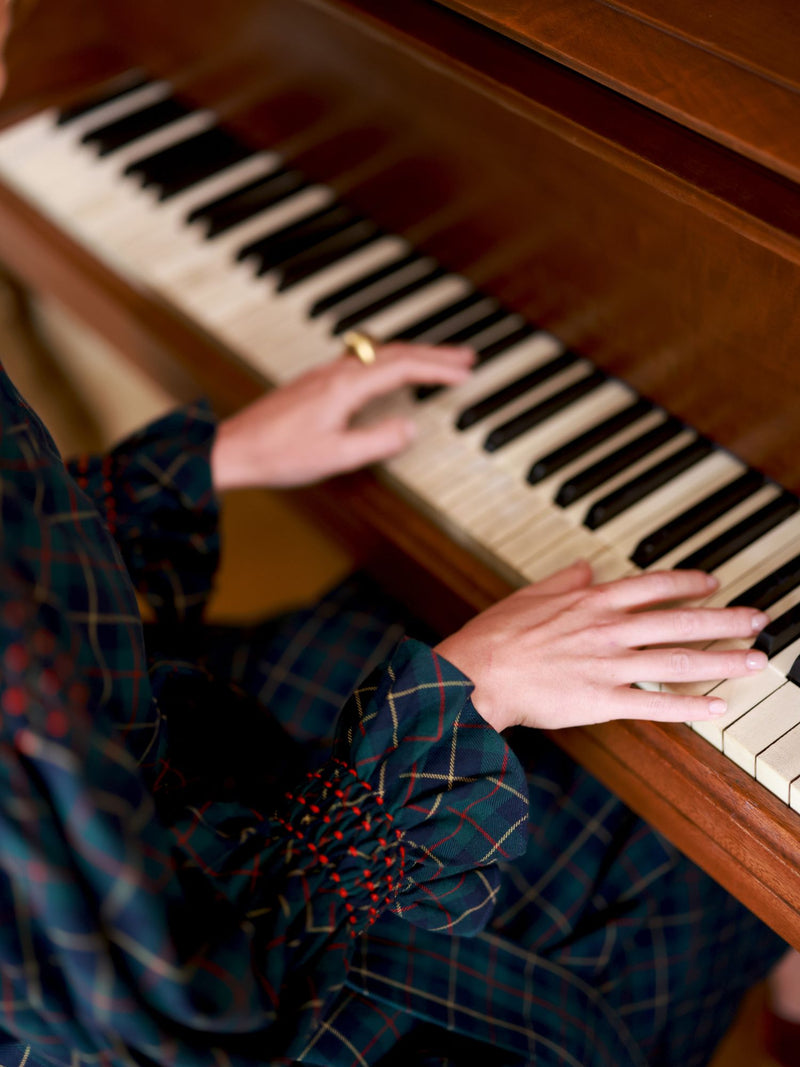 Aloha Wanderwell Dress McLaren Tartan with Cranberry Hand Smocking