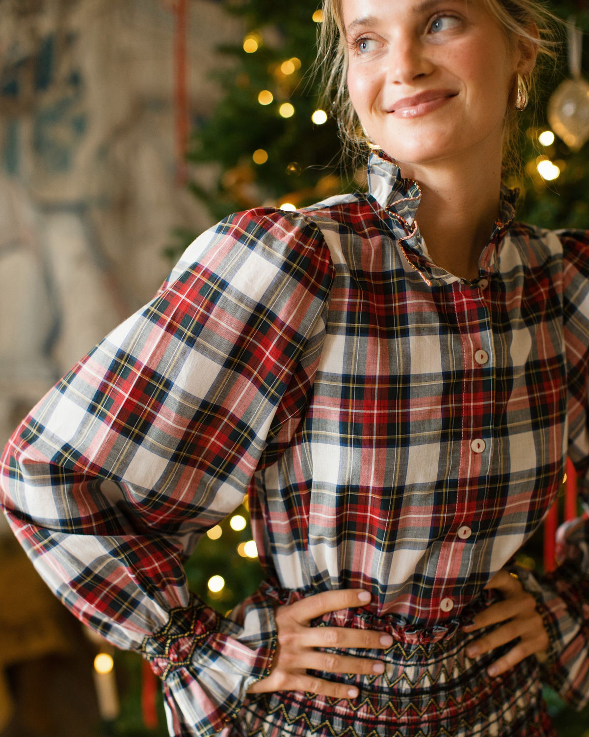 Shelley Blouse Royal Tartan with Black Gold Hand Smocking Edition 33