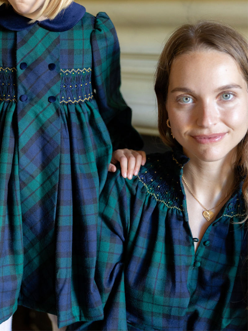 Margaret Thatcher Dress Black Watch Tartan with Golden Glimmer Hand Smocking