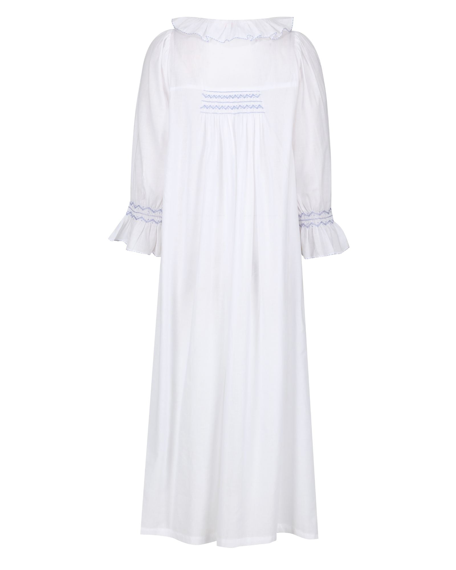 Bessie Coleman Women's Dress Moonstone Cotton with Cornflower Hand Smocking