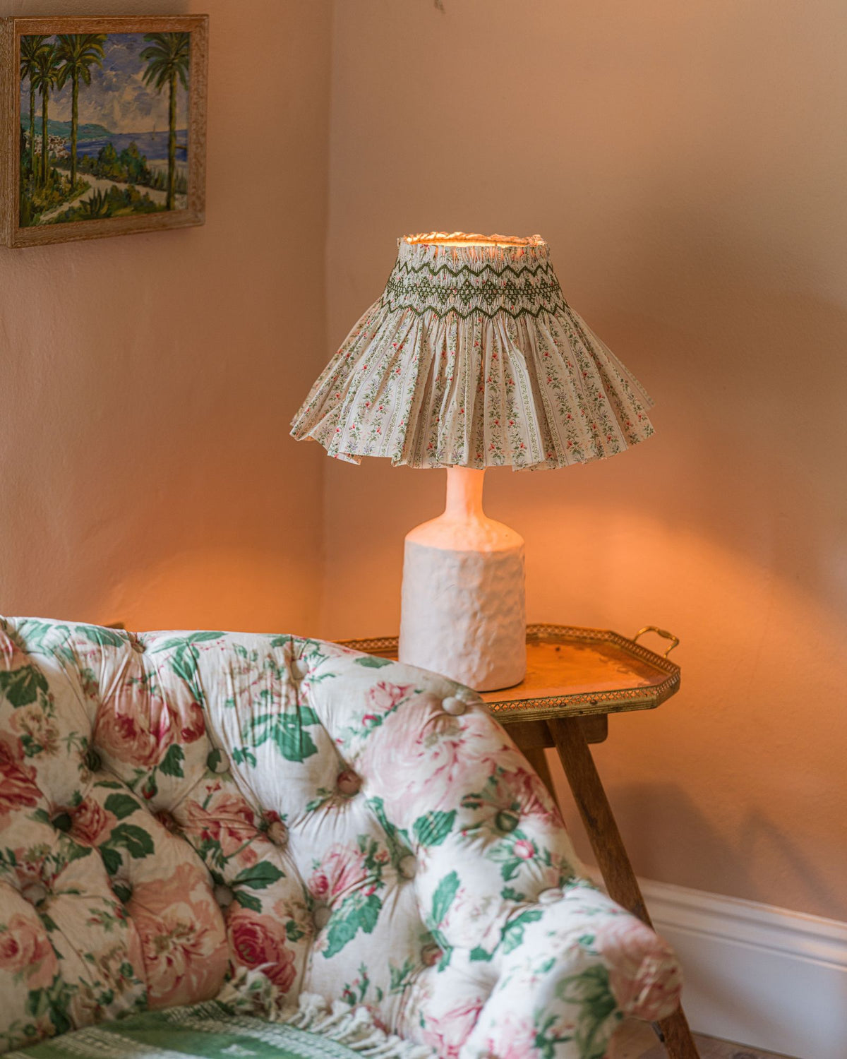 Edit58 x Smock London Elsie Lampshade Secret Garden Trellis with Sage Hand Smocking