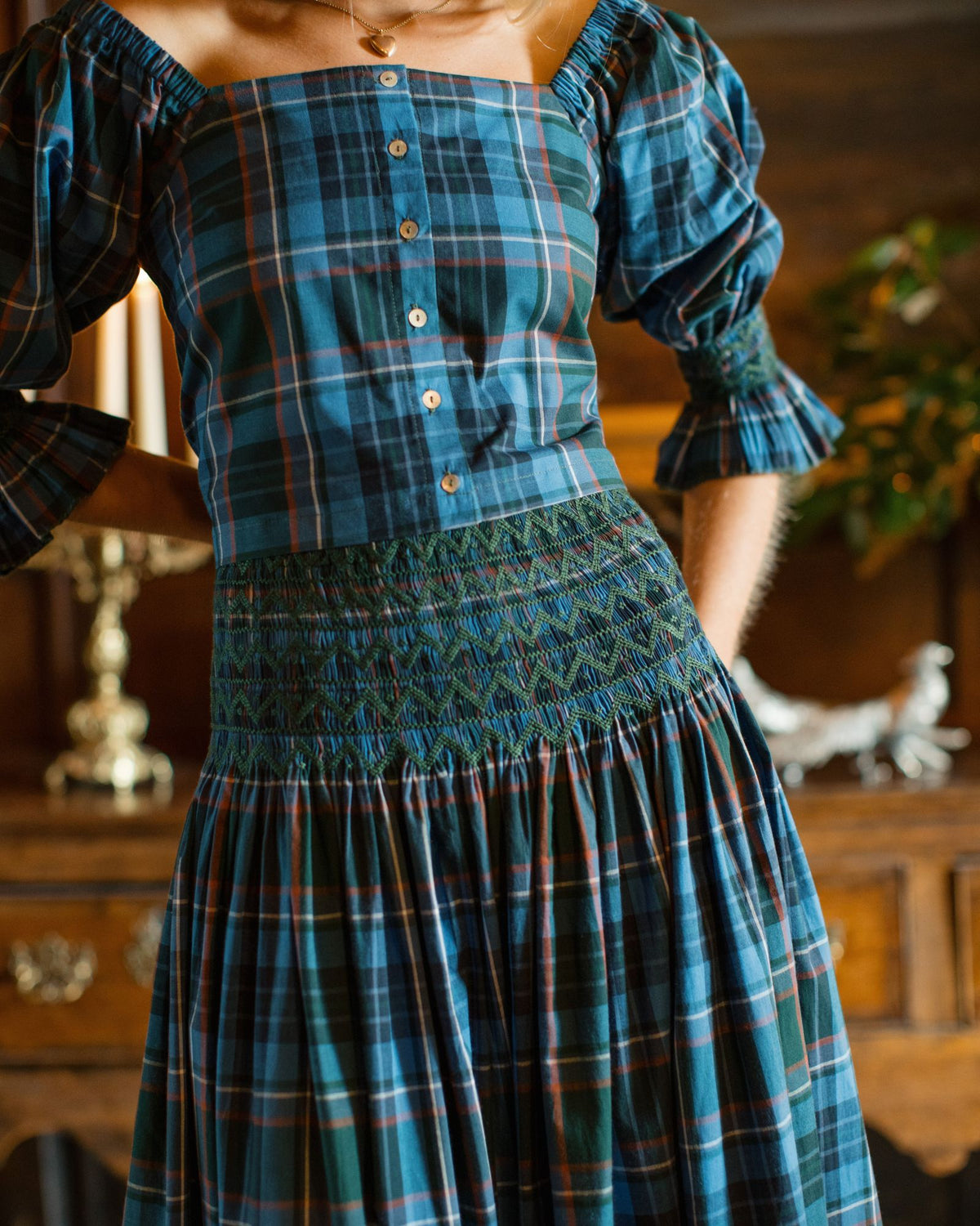 Maxi Sullivan Skirt St Andrews Tartan with Holly Leaf Hand Smocking