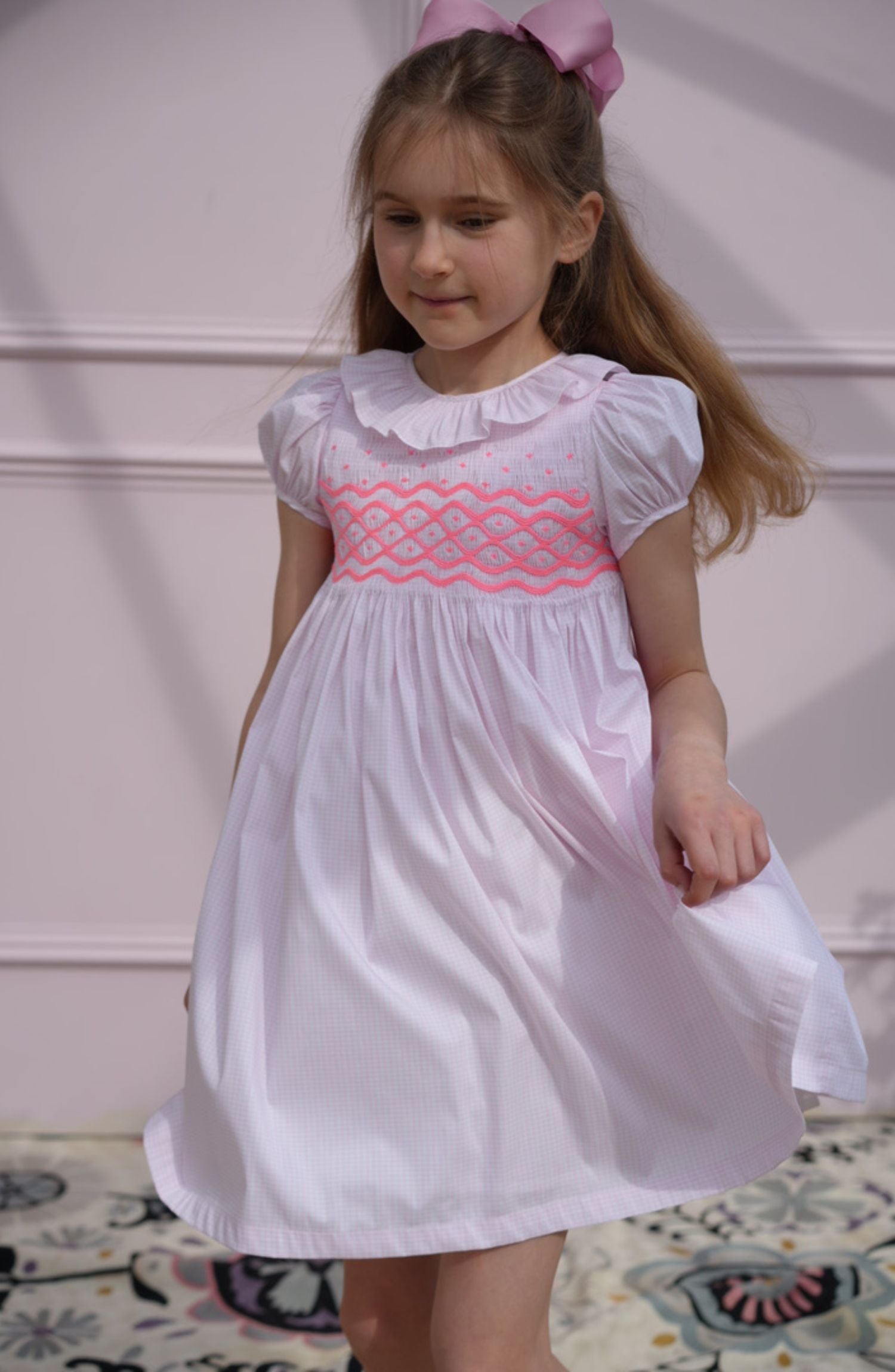 Katherine Johnson Dress Pink Grid Cotton with Strawberrylicious Hand Smocking