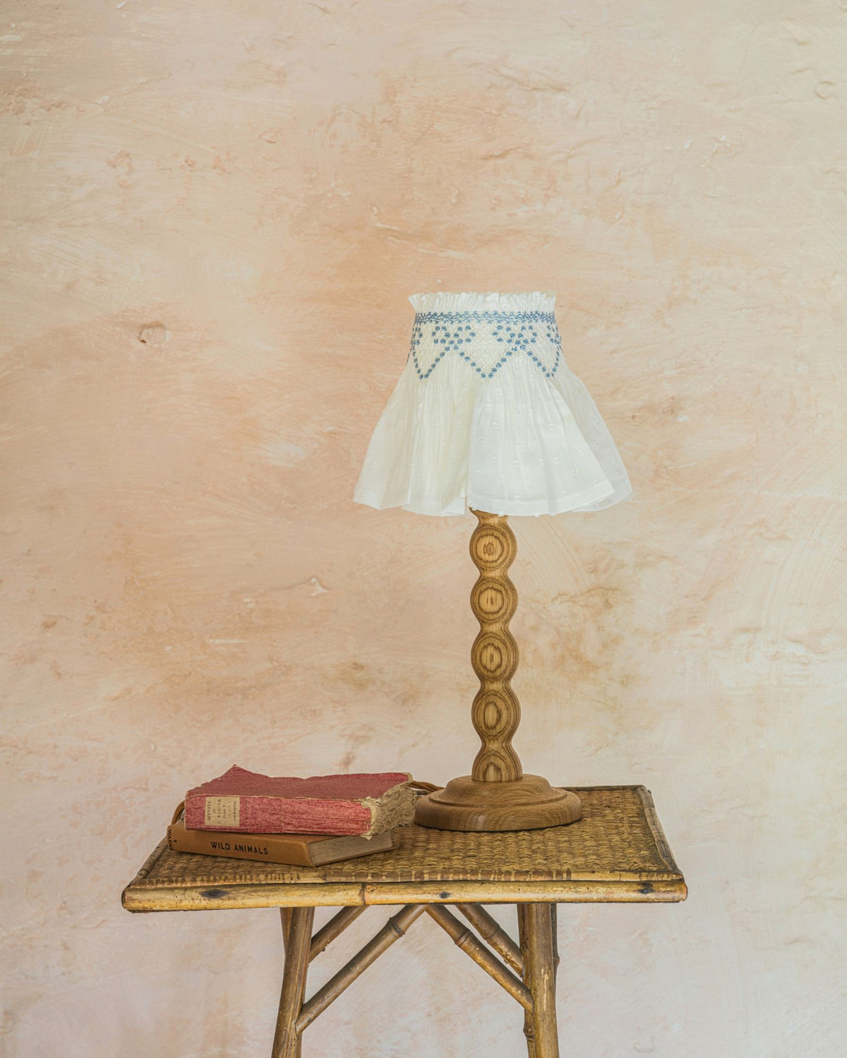 Edit58 x Smock London Elsie Lampshade White Plumetti with Cornflower Ribbons Hand Smocking