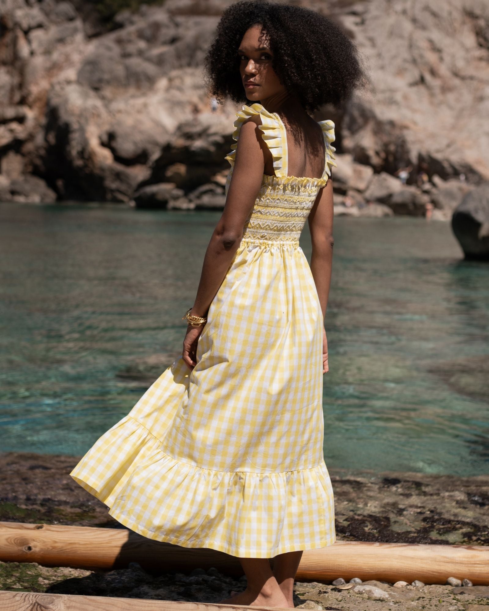 Rachel Carson Dress Positano Check with Ice White Hand Smocking