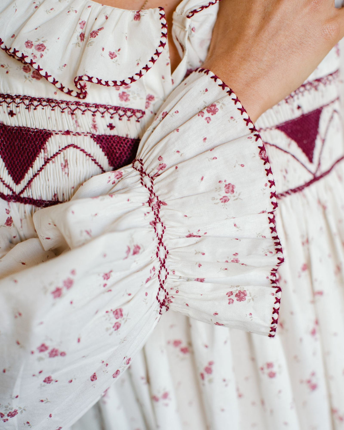 Nightingale Women's Dress Yuletide Floral with Cranberry smocking