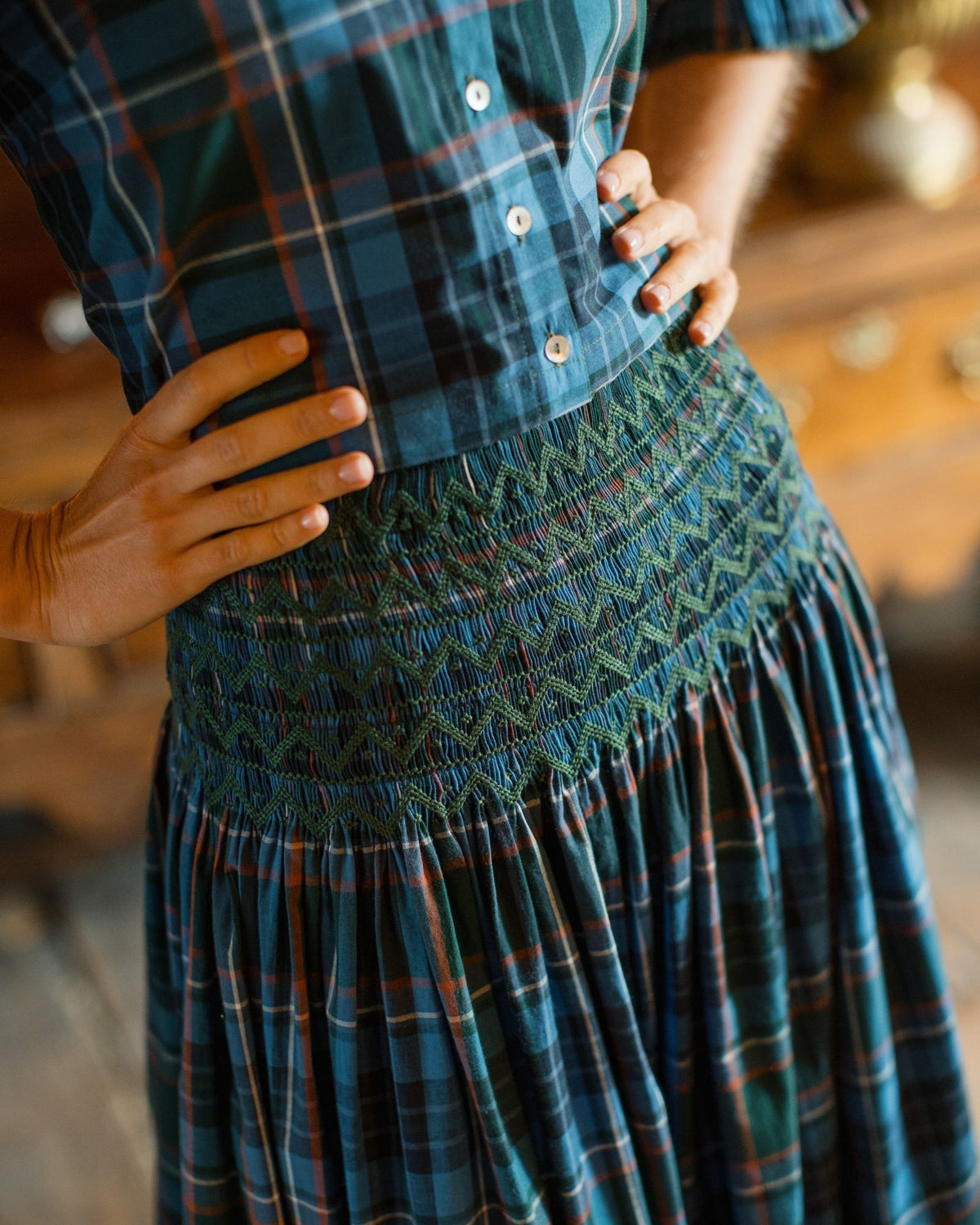 Maxi Sullivan Skirt St Andrews Tartan with Holly Leaf Hand Smocking