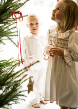 2-3y Samantha Varvel x Smock London Nightingale Girls Dress Moonstone White with Candy Cane Trim and Holly Hand Smocking