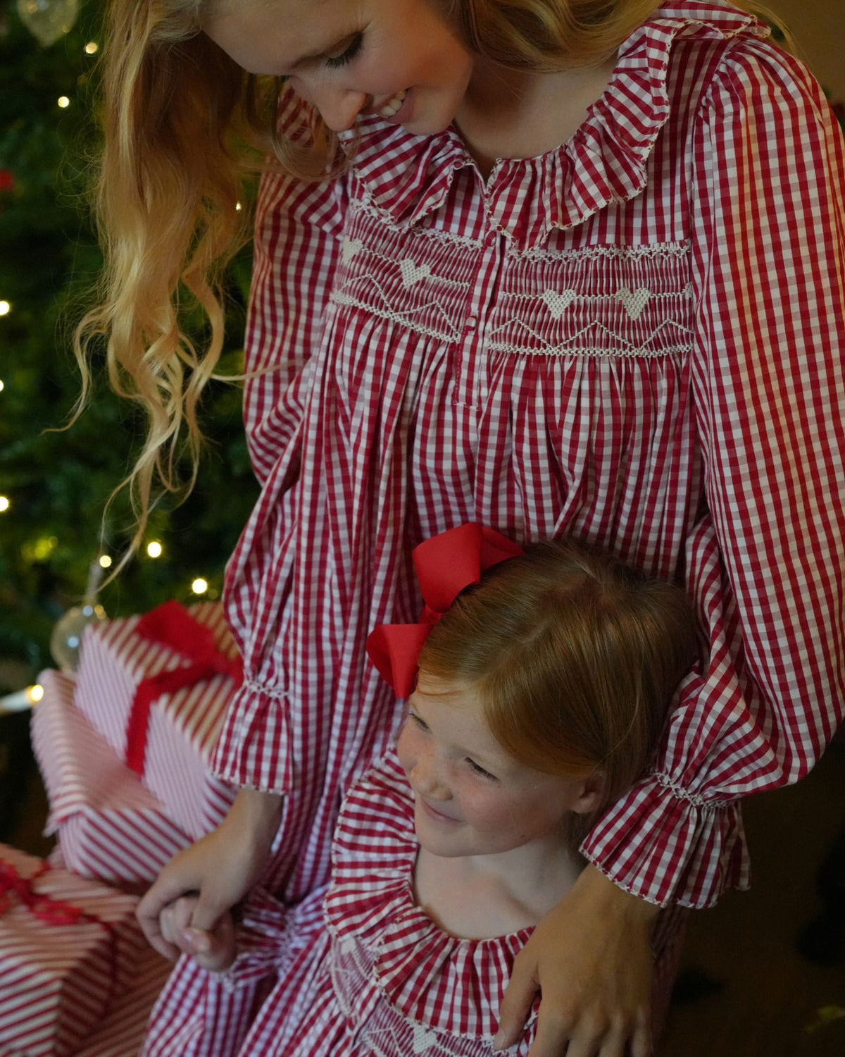 Nightingale Girl's Dress Crimson Gingham with Snow Angel Hand Smocking