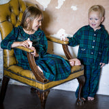 Nightingale Girls Dress Black Watch Tartan With Golden Hearts Hand Smocking