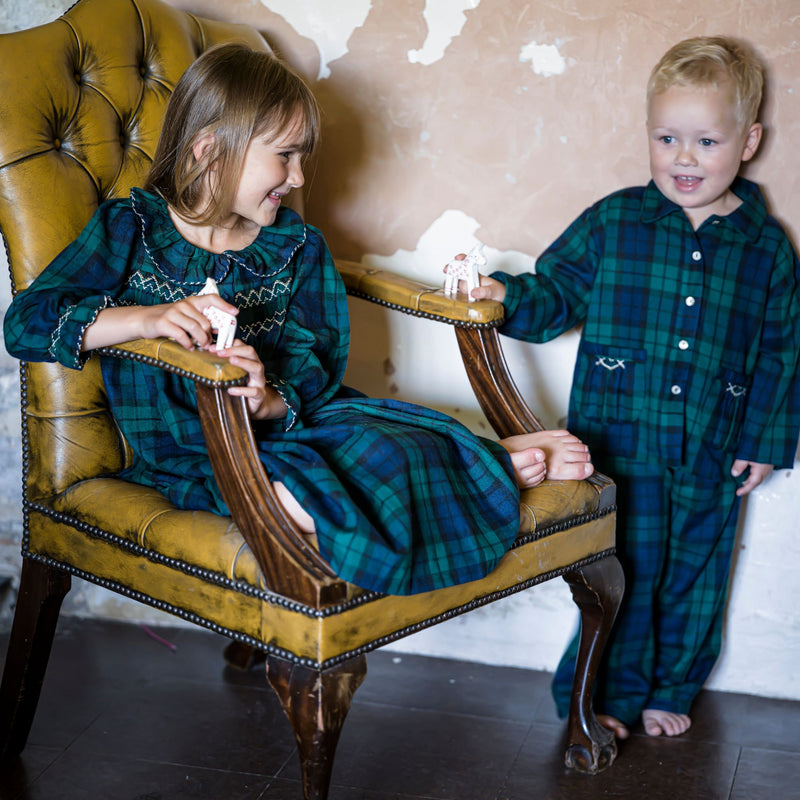 Nightingale Girls Dress Black Watch Tartan With Golden Hearts Hand Smocking