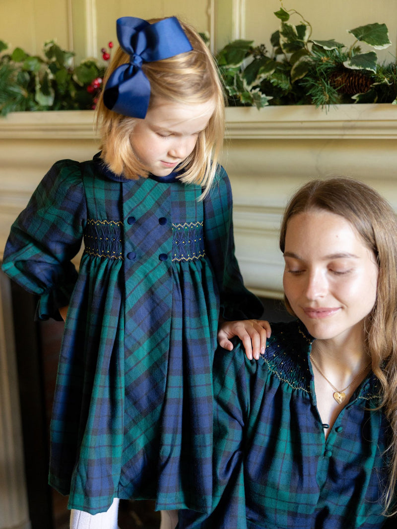 Margaret Thatcher Dress Black Watch Tartan with Golden Glimmer Hand Smocking