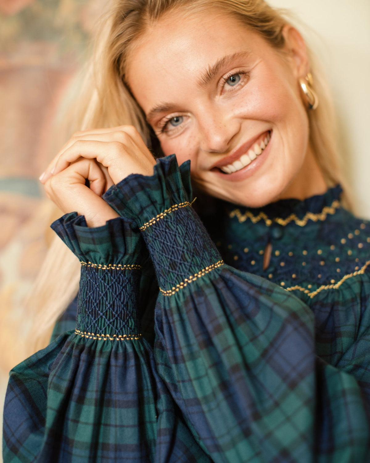 Colette Women's Dress Black Watch Tartan with Royal Blue Hand Smocking