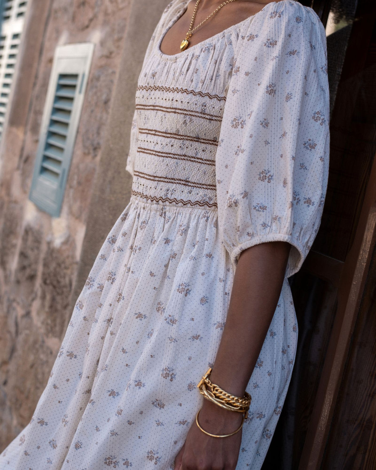 Amelia Earhart Dress Pin Tuck Posy with Earl Grey Hand Smocking