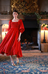 Ella Fitzgerald Women's Dress Crimson Silk-Cotton with Sleigh Bell Hand Smocking