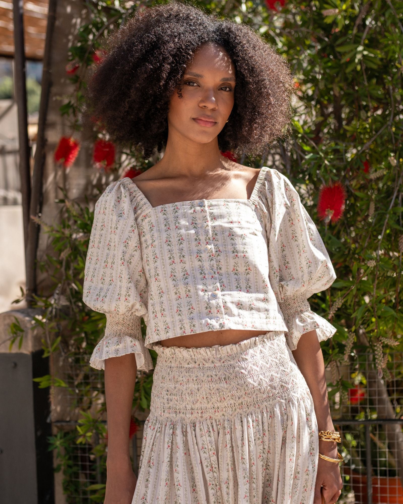 Sappho Blouse A Secret Garden Trellis with Cream Hand Smocking