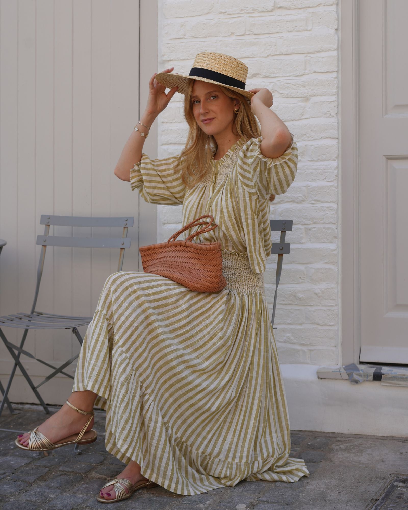 Domenica Marland x Smock London Sullivan Skirt Pistachio Stripes with Ecru Hand Smocking