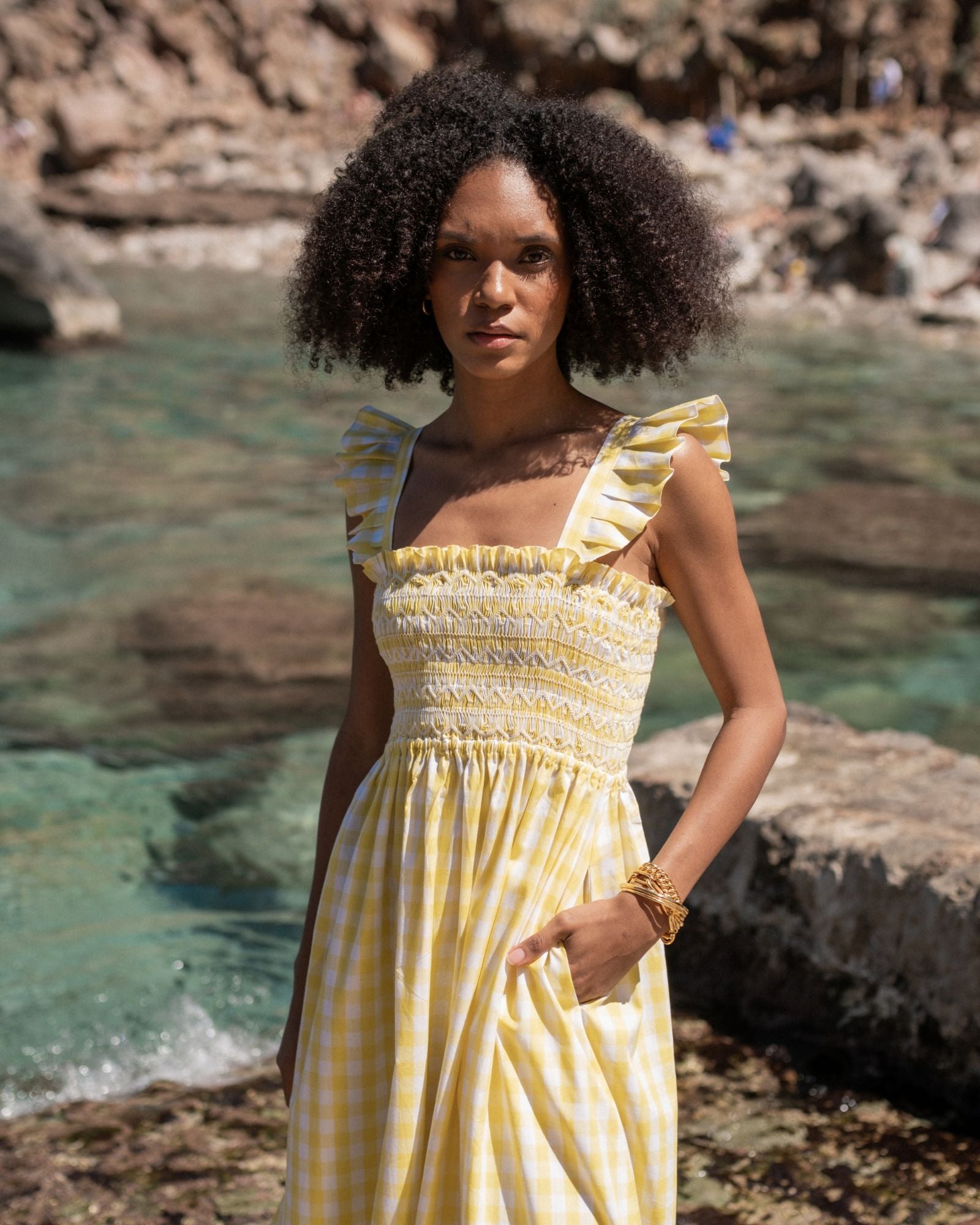 Rachel Carson Dress Positano Check with Ice White Hand Smocking