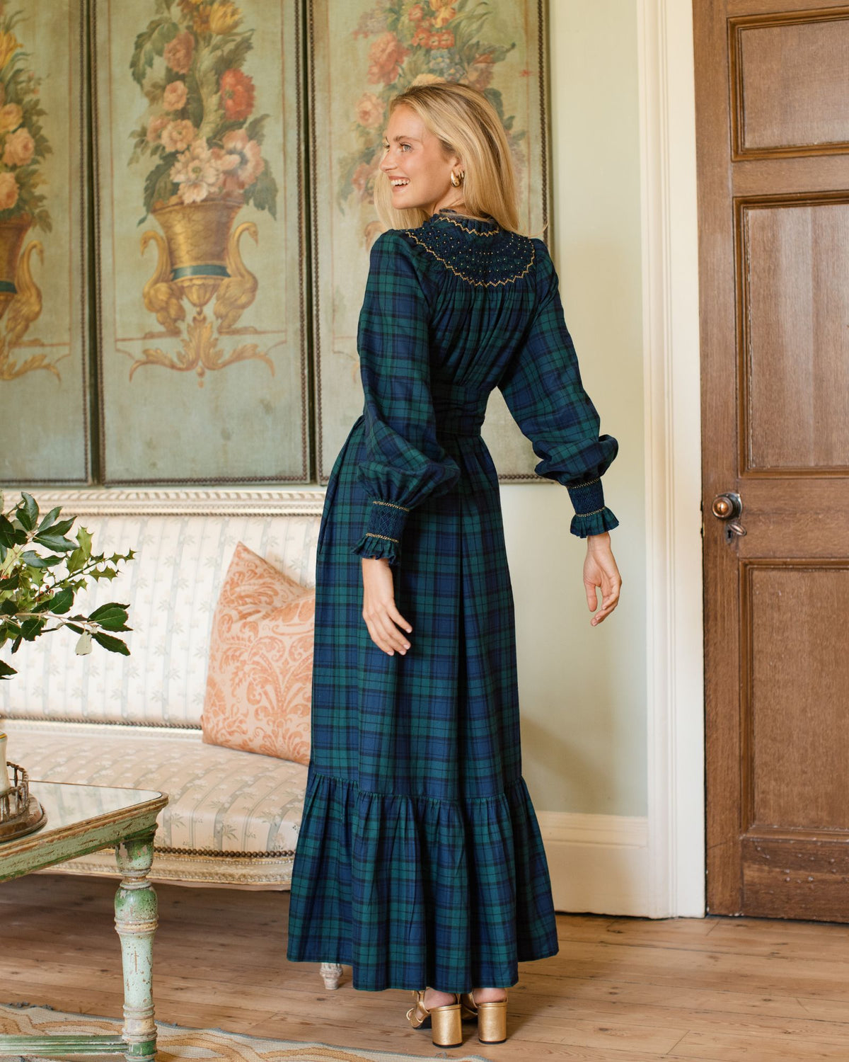 Colette Women's Dress Black Watch Tartan with Royal Blue Hand Smocking