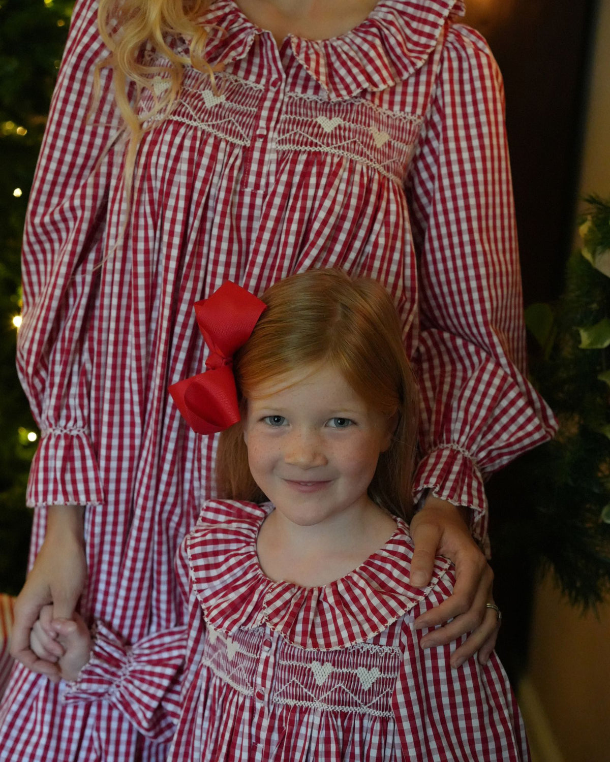Nightingale Girl's Dress Crimson Gingham with Snow Angel Hand Smocking