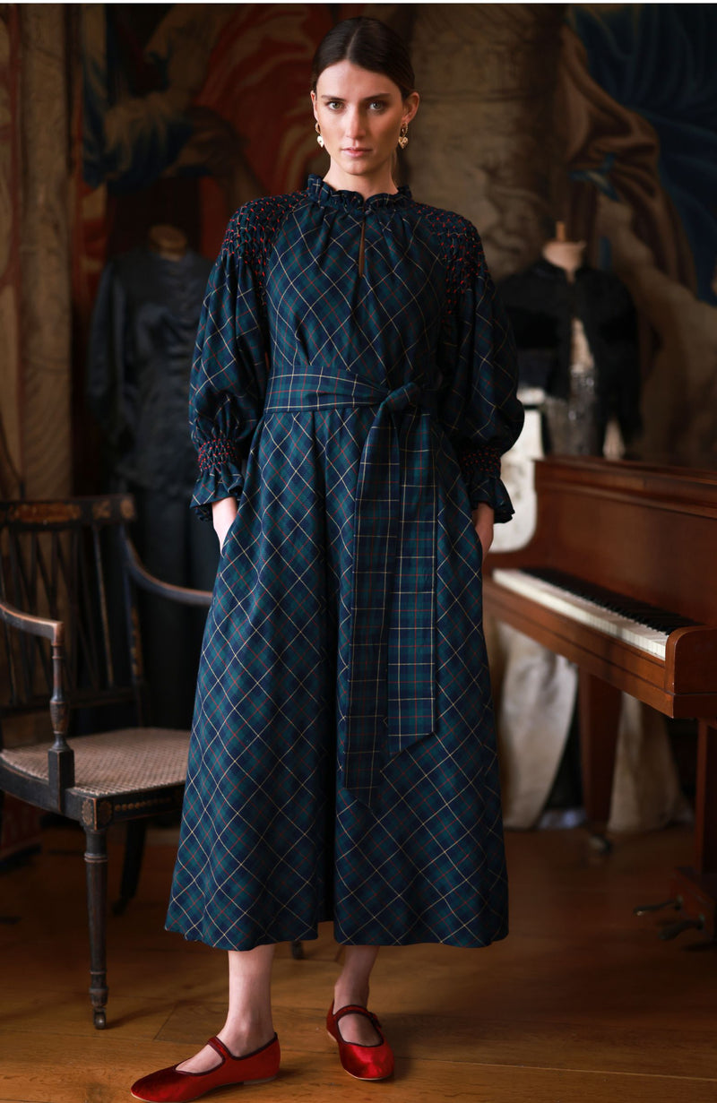 Aloha Wanderwell Dress McLaren Tartan with Cranberry Hand Smocking