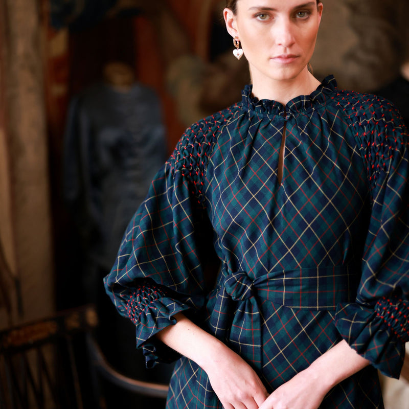 Aloha Wanderwell Dress McLaren Tartan with Cranberry Hand Smocking