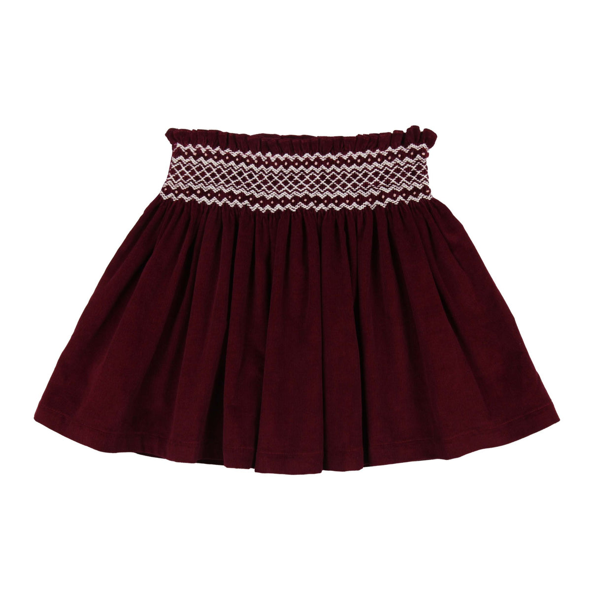 2-3 & 8-10y Annie Sullivan Skirt Mulberry Needlecord with Heather Haze Hand Smocking