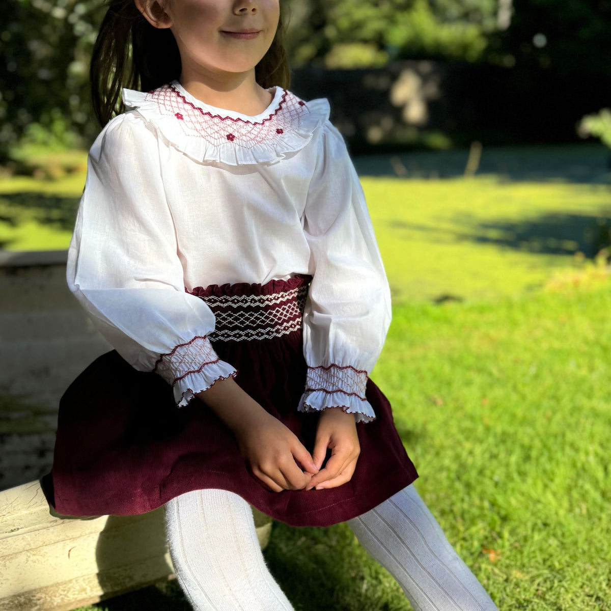 2-3 & 8-10y Annie Sullivan Skirt Mulberry Needlecord with Heather Haze Hand Smocking