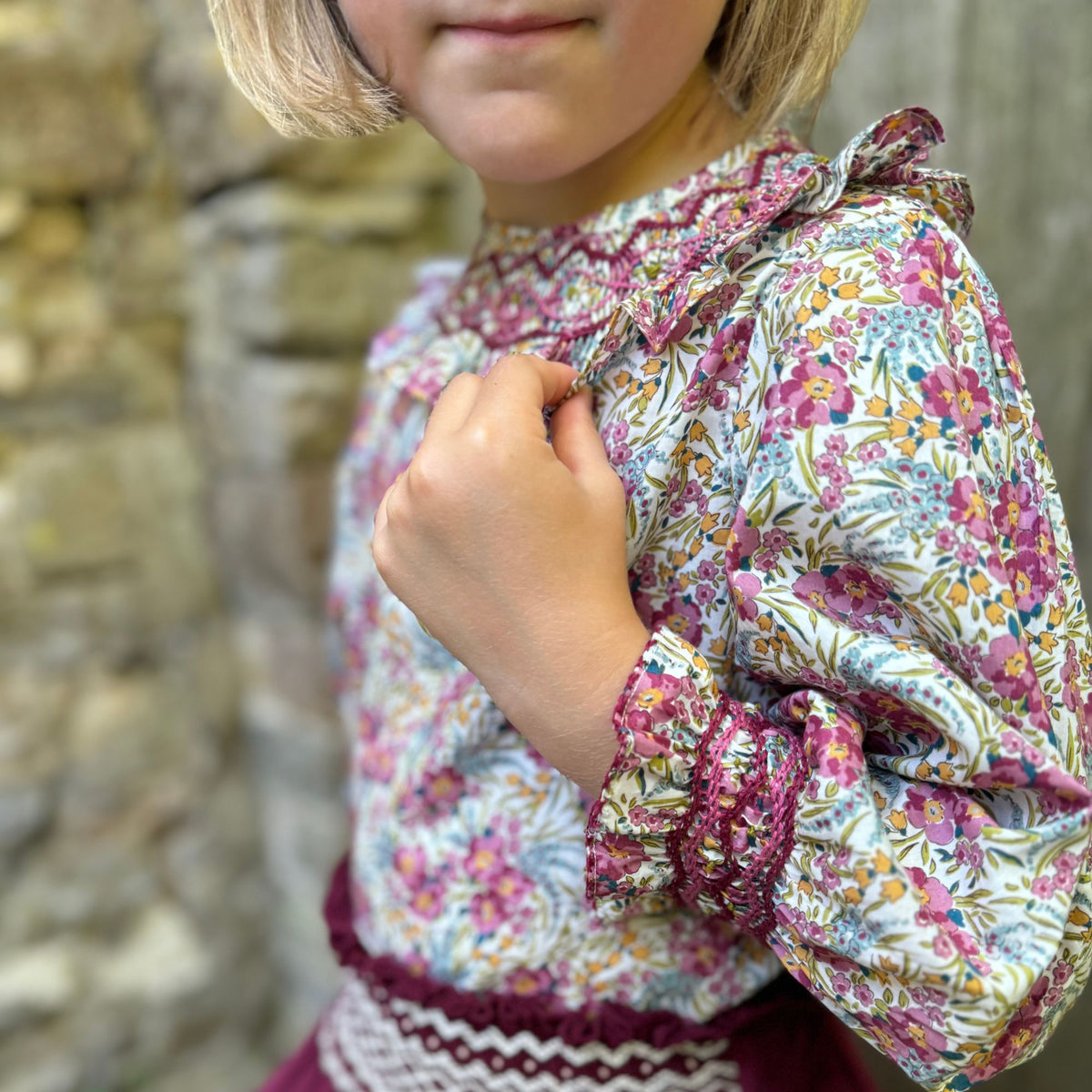 2-3 & 3-4y Bader Ginsberg Blouse with Copper Beech Hand Smocking made with Liberty Swirling Petals
